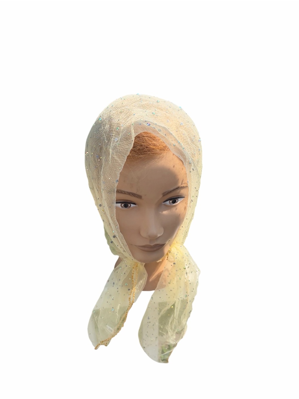Vintage pastel yellow sparkle embellished with beaded hem sheer scarf wrap